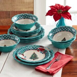 The Pioneer Woman Wishful  Winter Teal Scalloped Holiday Dinnerware Set